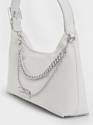 Nylon Chain-Link Trapeze Shoulder Bag, Light Grey, hi-res
