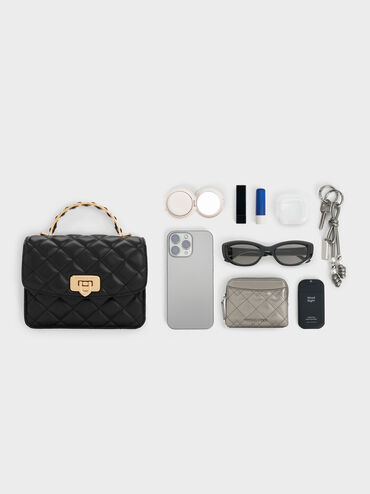 Cressida Quilted Top Handle Bag, Black, hi-res