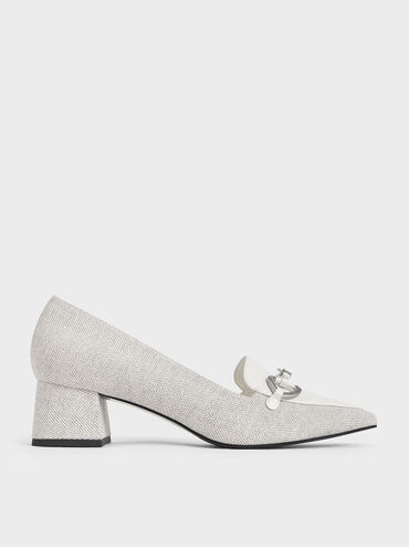Metallic-Accent Pointed-Toe Block-Heel Pumps, Light Grey, hi-res
