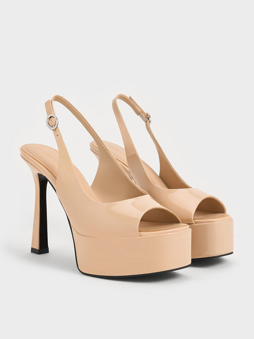 صنادل لامعة بنعل مرتفع وكعب رفيع مع فتحة أمامية, لون البشرة الطبيعي, hi-res
