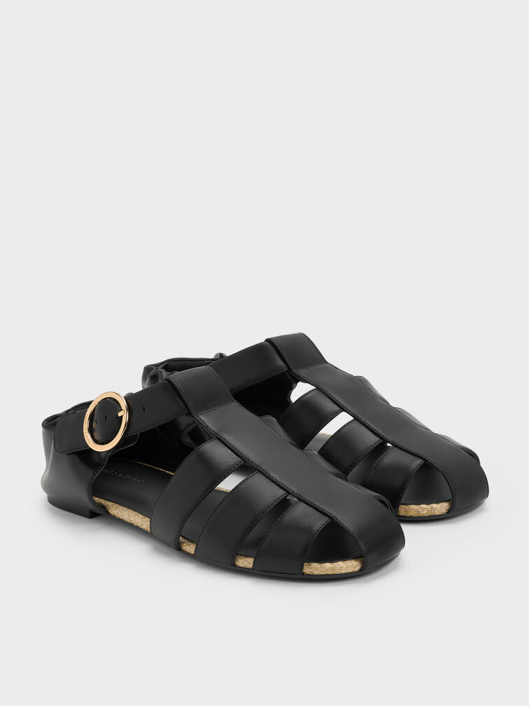 Caged Flat Espadrilles, Black, hi-res