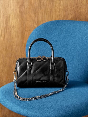 Philomena Panelled Chain-Handle Bowling Bag, Noir, hi-res
