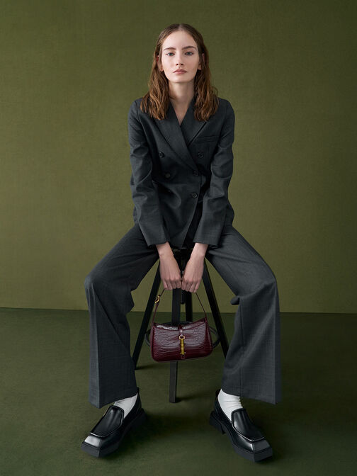 Cesia Croc-Effect Metallic-Accent Shoulder Bag, Burgundy, hi-res