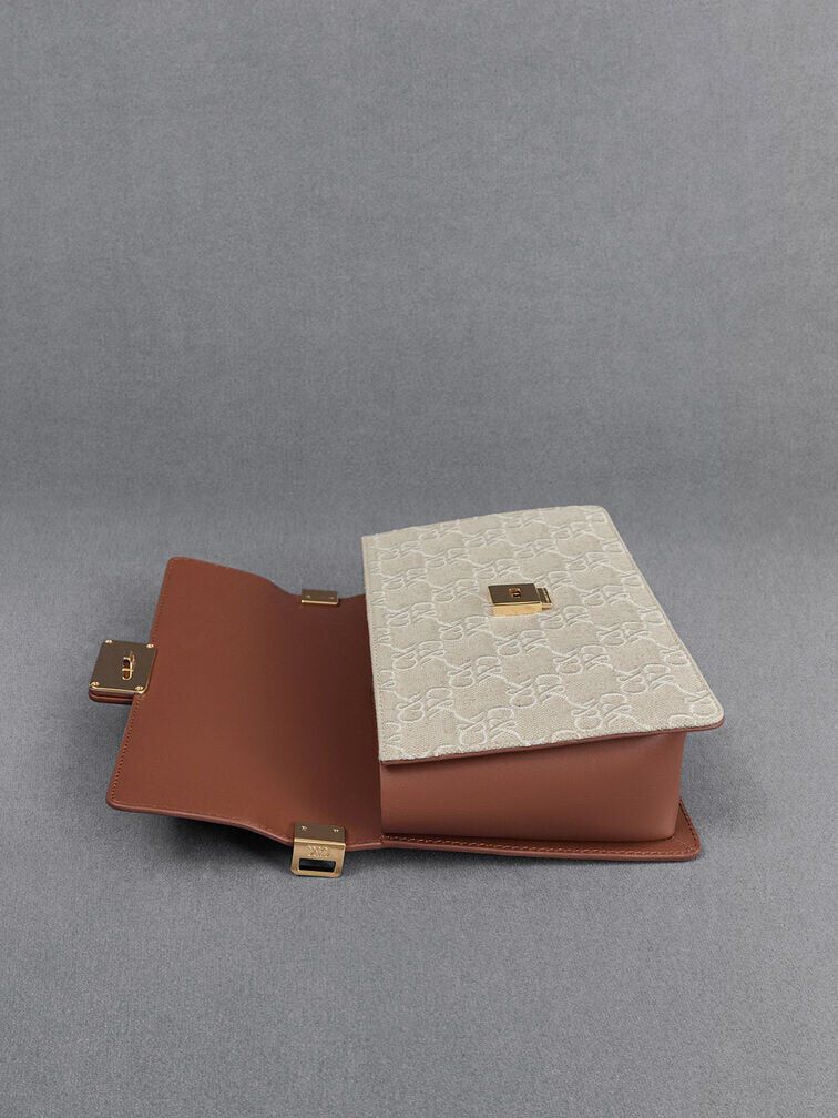 شنطة كتف جلد وقماش بلونين, كونياكي, hi-res