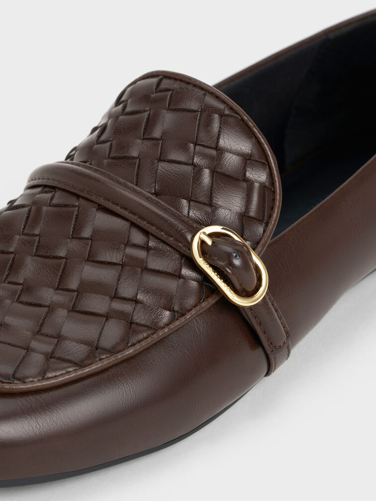 Woven Buckle-Strap Loafers, Dark Brown, hi-res
