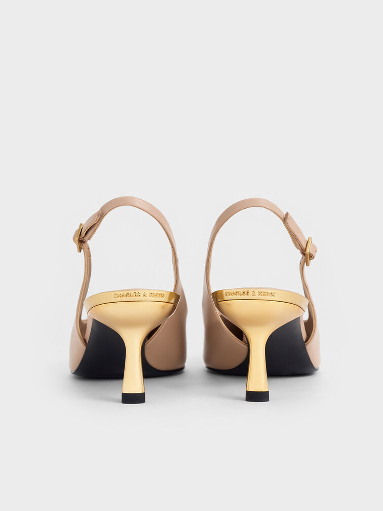 حذاء مفتوح من الخلف بكعب القطة الكلاسيكي ولمعة معدنية, لون البشرة الطبيعي, hi-res