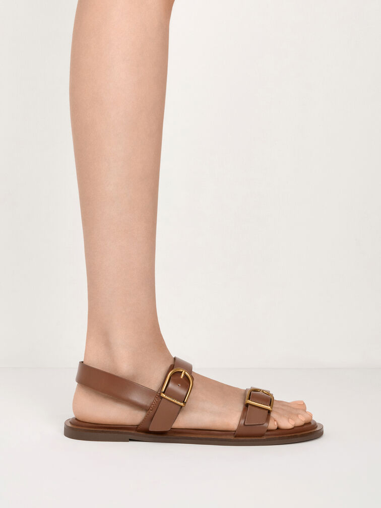 Double Buckle-Strap Slingback Sandals, Brown, hi-res