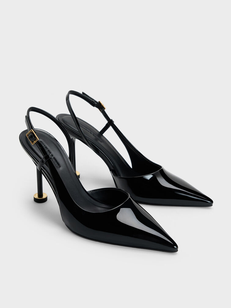Wynn Patent Pointed-Toe Sculptural-Heel Slingback Pumps, Black Patent, hi-res
