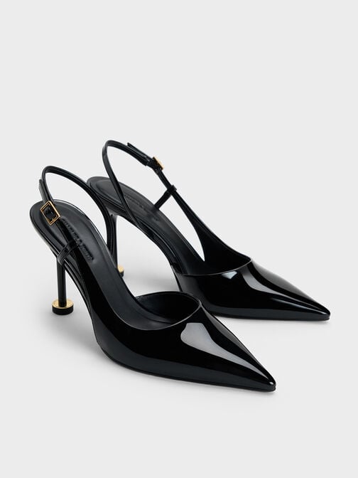 Wynn Patent Pointed-Toe Sculptural-Heel Slingback Pumps, Black Patent, hi-res