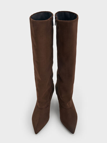 Faux Suede Pointed Stiletto Knee-High Boots, Dark Brown Textured, hi-res