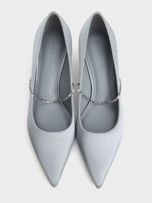 Satin Embellished-Strap Pointed-Toe Pumps, Blue, hi-res