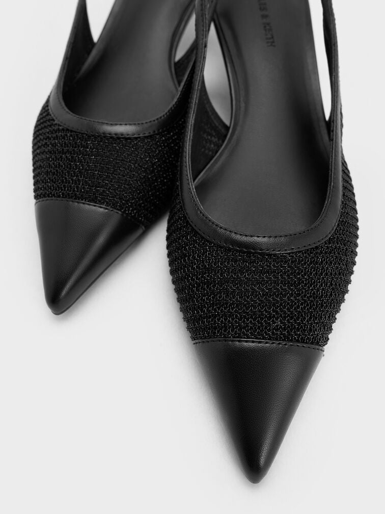 Mesh Cap-Toe Kitten-Heel Pumps, Black Textured, hi-res
