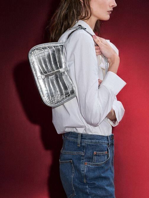 Cesia Croc-Effect Metallic-Accent Shoulder Bag, Silver, hi-res