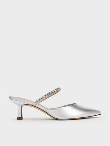 Ambrosia Metallic Gem-Embellished Pointed-Toe Mules, Silver, hi-res