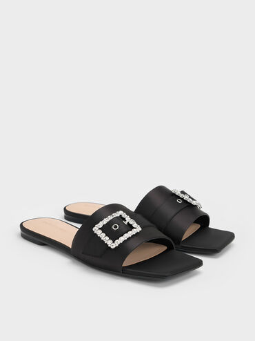 Recycled Polyester Gem-Buckle Square-Toe Slide Sandals, Black Textured, hi-res