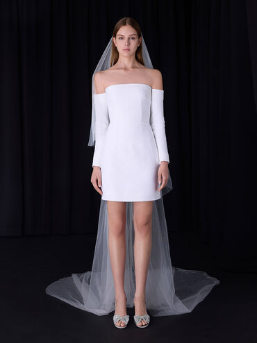 حذاء بكعب عالٍ وتصميم سلينجباك مفتوح الظهر مزين بفيونكة من الخرز ومصنوع من البوليستر المعاد تدويره, فضي, hi-res