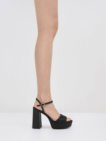 Satin Block-Heel Platform Sandals, Black Textured, hi-res
