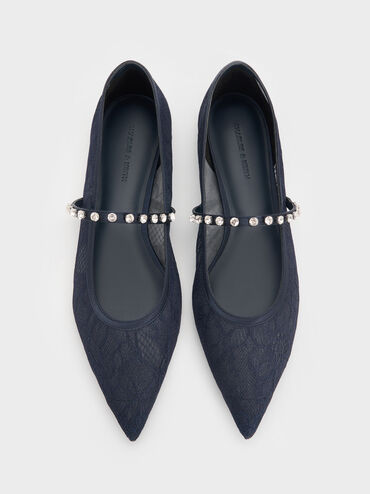 Lace & Satin Crystal Mary Jane Flats, Dark Blue, hi-res