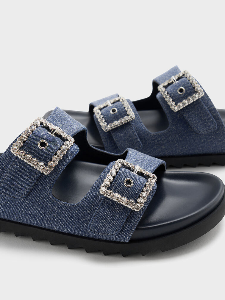 Denim Gem-Buckle Double-Strap Sandals, Denim Blue, hi-res