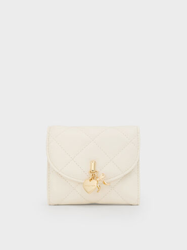 Arrietty Quilted Bow-Heart Charm Curved-Flap Wallet, Cream, hi-res