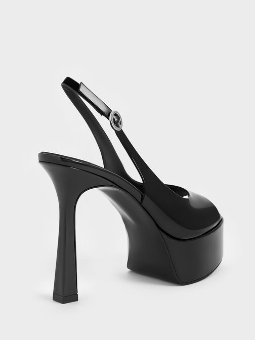 صنادل لامعة بنعل مرتفع وكعب رفيع مع فتحة أمامية, أسود براق, hi-res