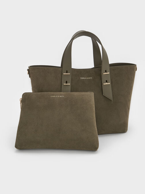 Shania Recycled Suede Tote Bag, Deep Olive, hi-res
