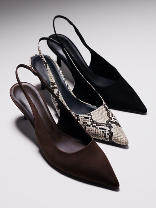 Kaia Faux Suede Pointed-Toe Slingback Pumps, Black Textured, hi-res