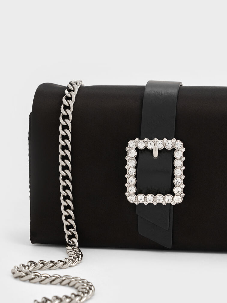 حقيبة ساتان بحزام ومقبض سلسلة وإبزيم كريستالي, أسود كلاسيكي, hi-res