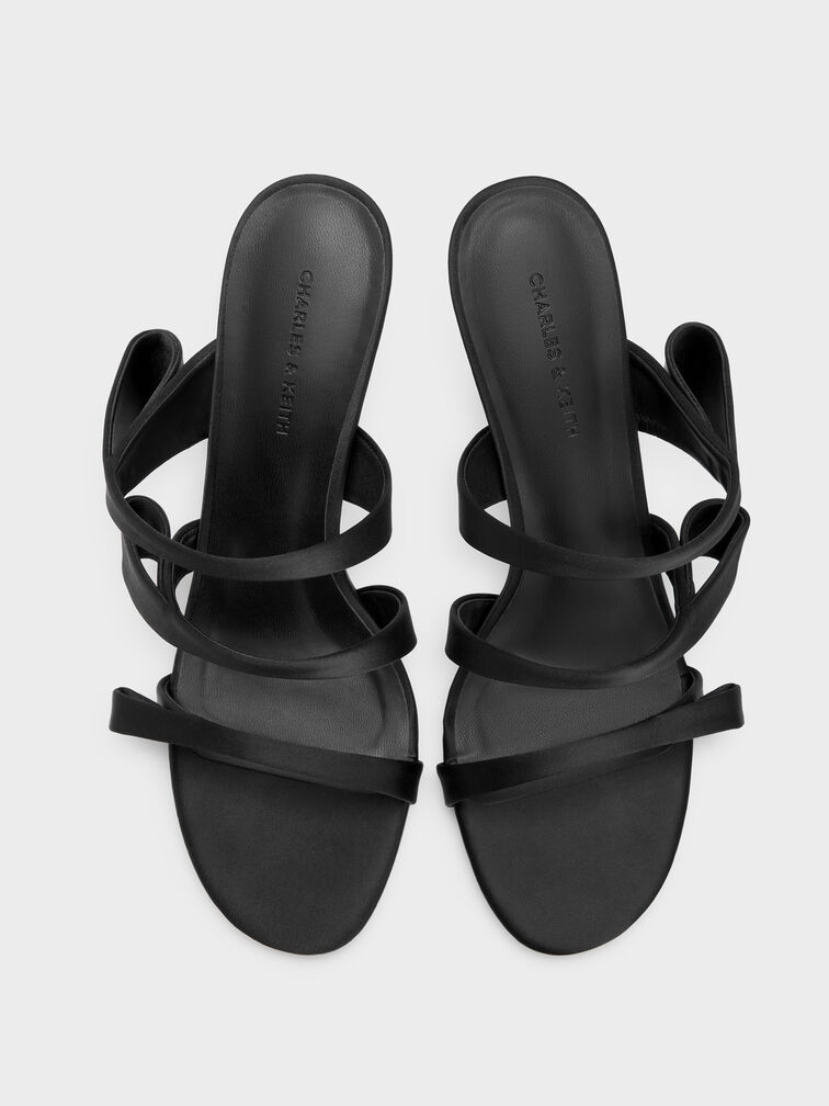 Satin Triple Pleated-Strap Stiletto Heels, Black Textured, hi-res