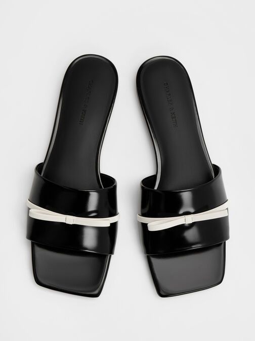 Two-Tone Bow Slide Sandals, Black Boxed, hi-res