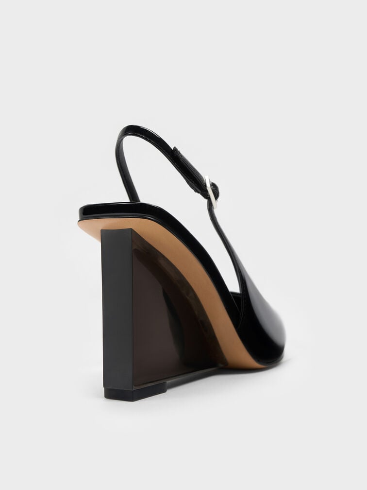 أحذية سلينغ باك من الجلد اللامع بكعب (ويدج) شبه شفاف, أسود براق, hi-res