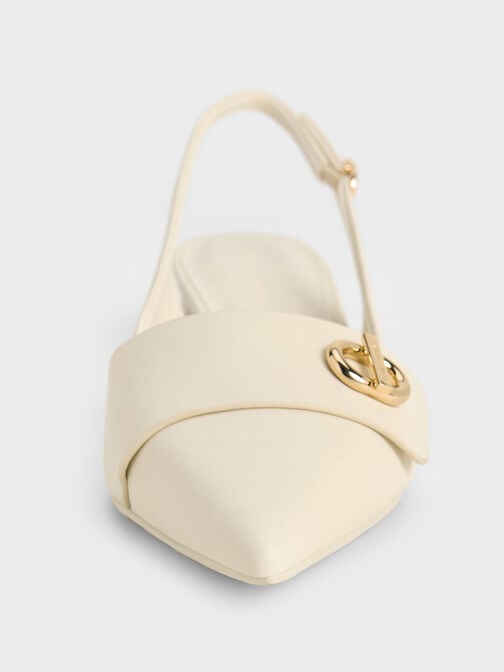 حذاء مفتوح من الخلف بمقدمة مدببة وحلية معدنية أنيقة, أبيض طباشيري, hi-res