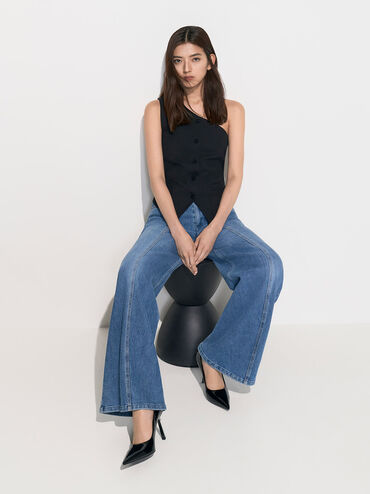 حذاء بكعب أنيق عالي ومقدمة مدببة من الجلد اللامع, أسود, hi-res