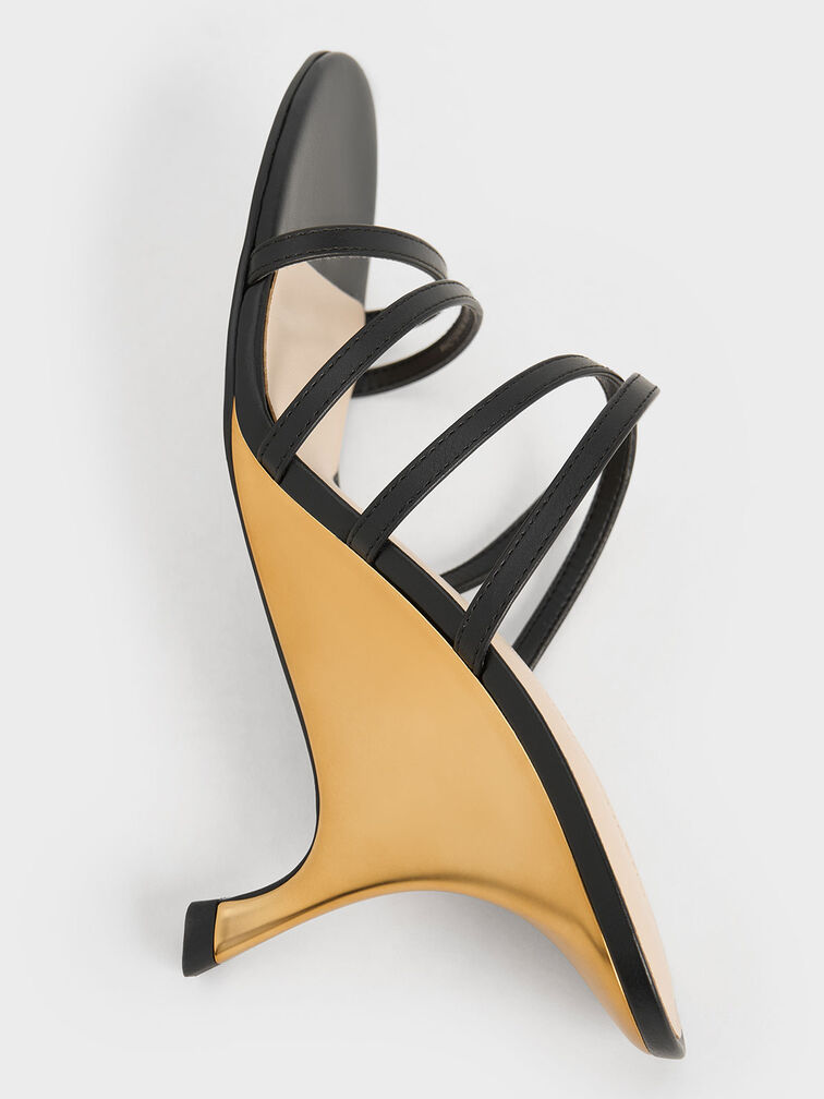 Strappy Sculptural-Heel Mules, Black, hi-res