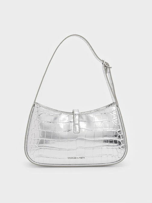 Cesia Croc-Effect Metallic-Accent Shoulder Bag, Silver, hi-res