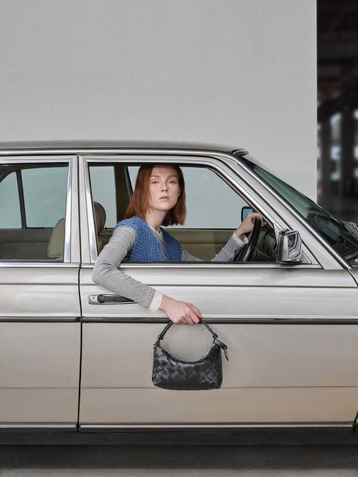 Ivette Woven Shoulder Bag, Noir, hi-res