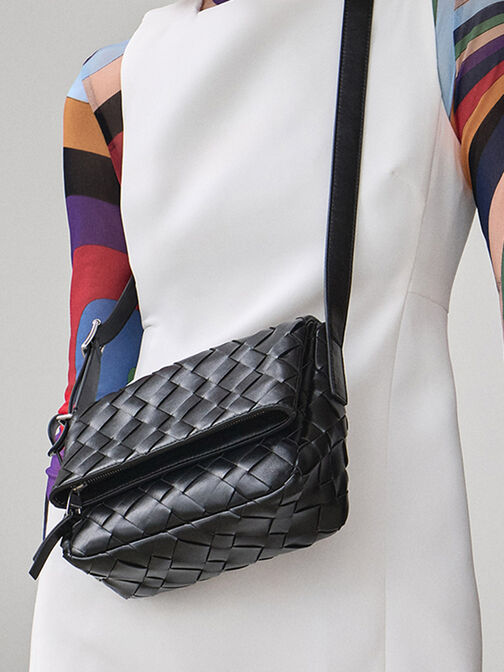 Ivette Woven Front Flap Crossbody Bag, Noir, hi-res