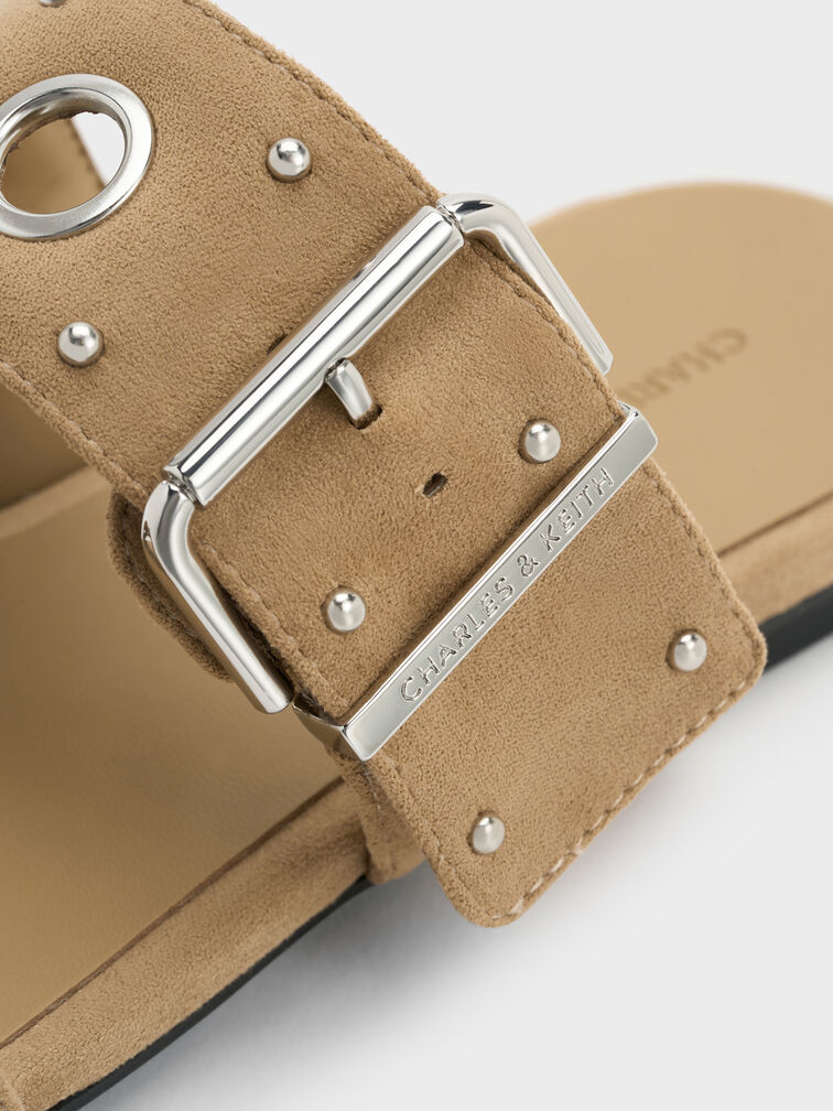 سلايدز من الجلد المدبوغ الصناعي مزودة بحلقات معدنية وإبزيم, رملي, hi-res