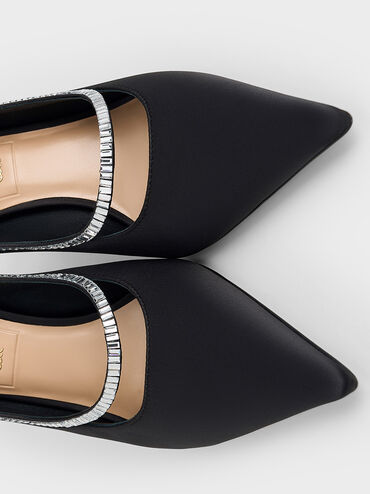 حذاء مفتوح من الخلف من البوليستر المعاد تدويره بكعب عال ومقدمة مدببة وتصميم مزين بالكريستال, أسود خشن, hi-res