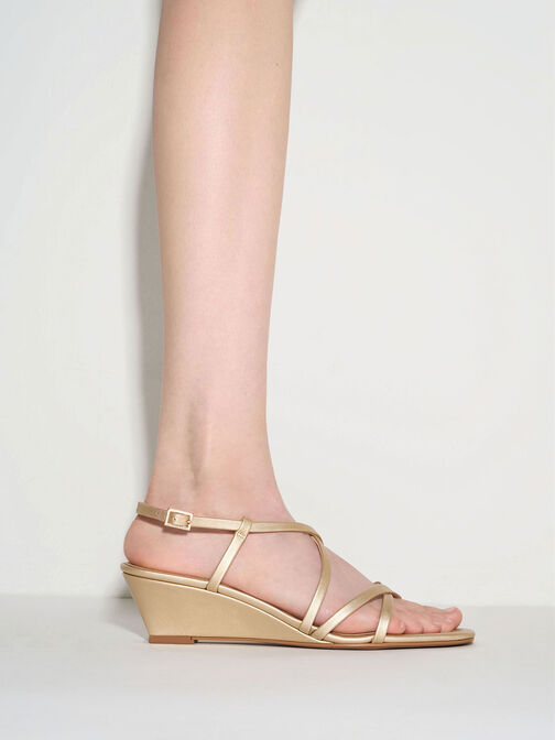 Strappy Wedge Sandals, Gold, hi-res