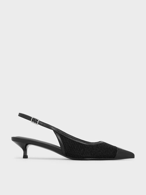 Mesh Cap-Toe Kitten-Heel Pumps, Black Textured, hi-res