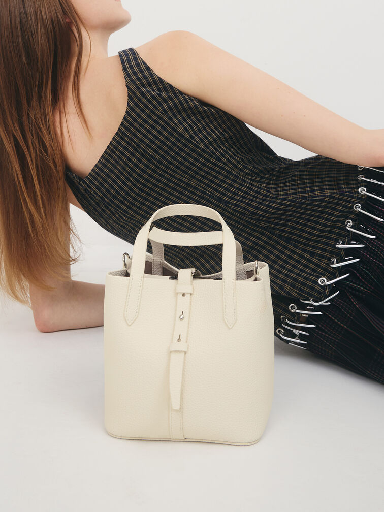 Beryl Recycled Leather Double-Handle Belted Bucket Bag, Cream, hi-res