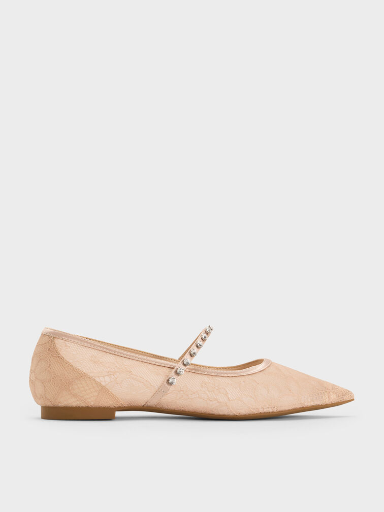 Lace & Satin Crystal Mary Jane Flats, Nude, hi-res