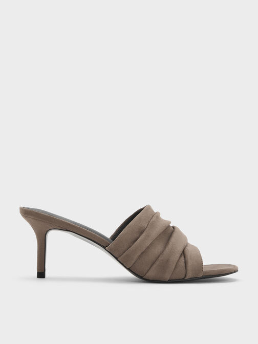 Faux Suede Ruched Heeled Mules, Taupe, hi-res