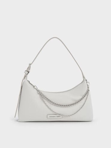 Nylon Chain-Link Trapeze Shoulder Bag, Light Grey, hi-res