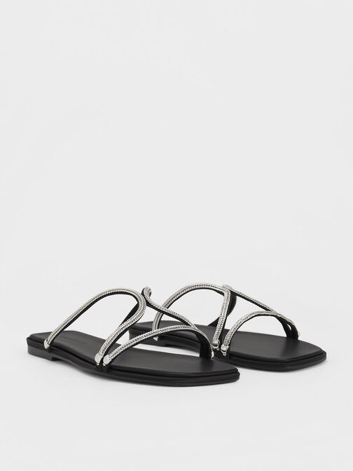 Satin Braided Strappy Sandals, Black Textured, hi-res