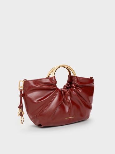 Ciara Ruched Metal Top Handle Bag, Burgundy, hi-res