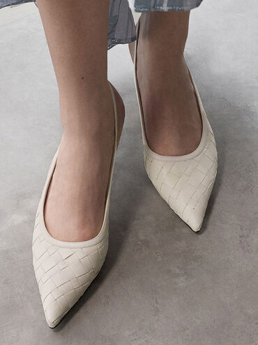 Ivette Woven Pointed-Toe Slingback Pumps, Chalk, hi-res