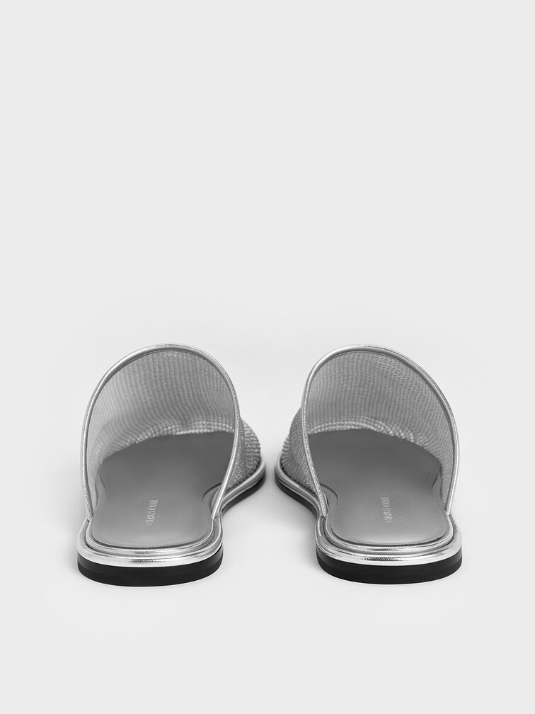 Mesh High-Vamp Flat Mules, Silver, hi-res