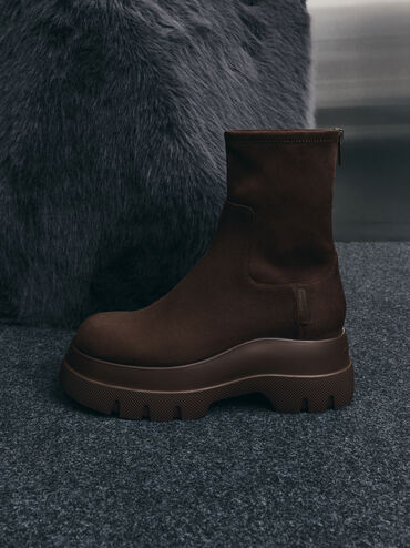 Leoi Faux Suede Chunky Ankle Boots, Dark Brown Textured, hi-res